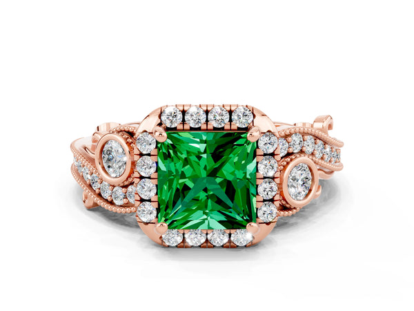 Rose gold Princess Cut Emerald Halo Ring with Milgrain Pavé Band and Four-Prong Setting