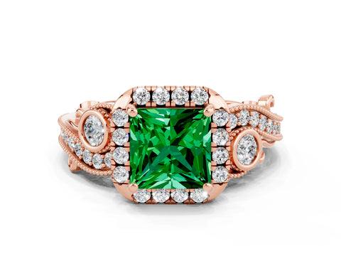 Rose gold Princess Cut Emerald Halo Ring with Milgrain Pavé Band and Four-Prong Setting_36