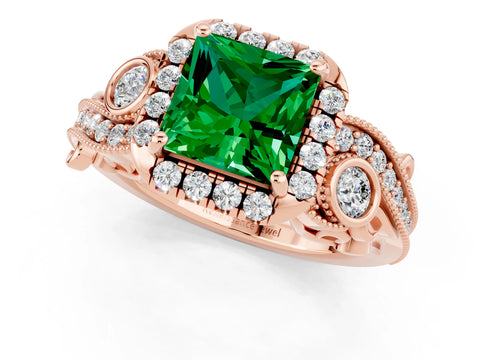Rose gold Princess Cut Emerald Halo Ring with Milgrain Pavé Band and Four-Prong Setting_37