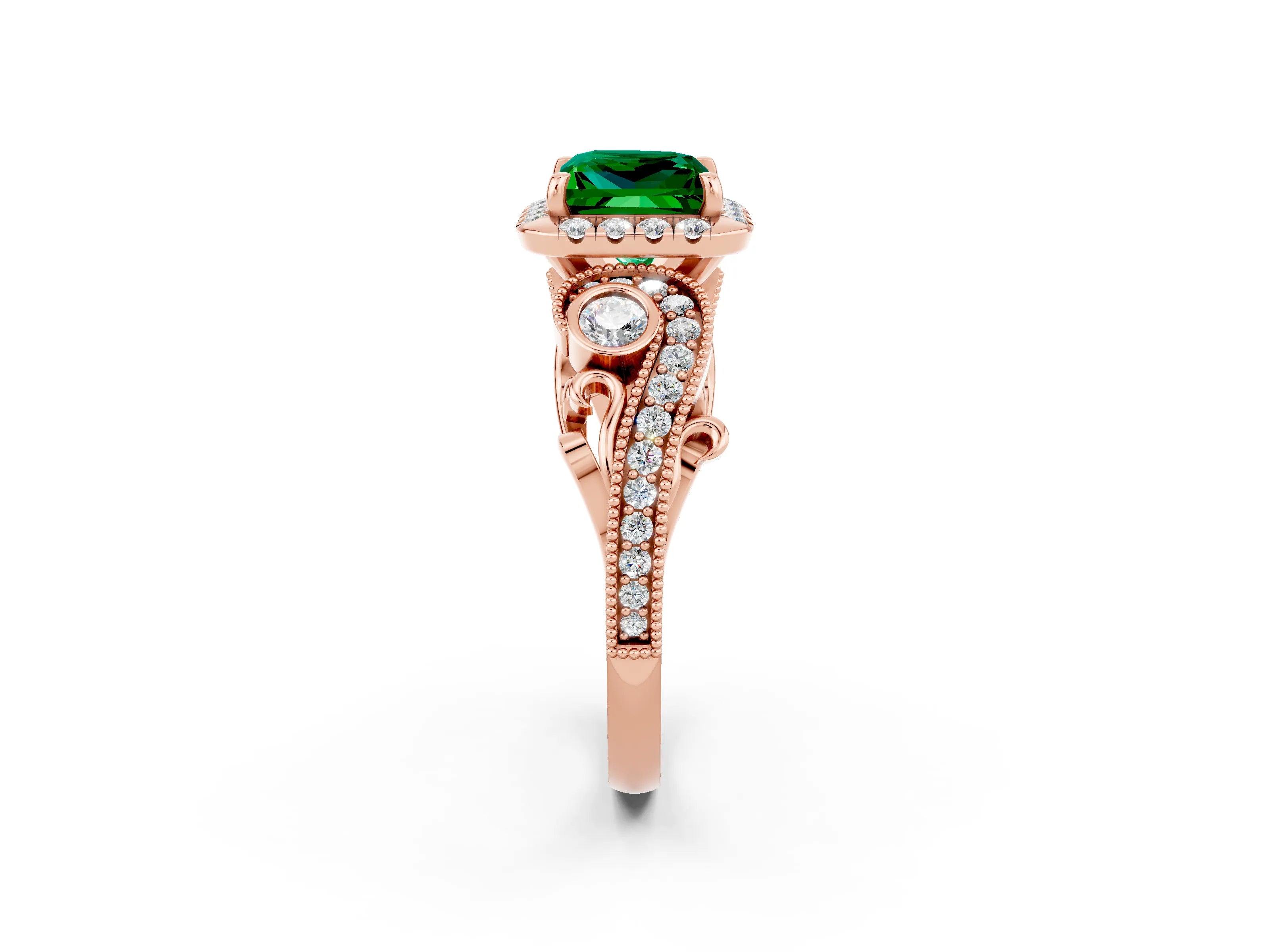 Rose gold Princess Cut Emerald Halo Ring with Milgrain Pavé Band and Four-Prong Setting_38
