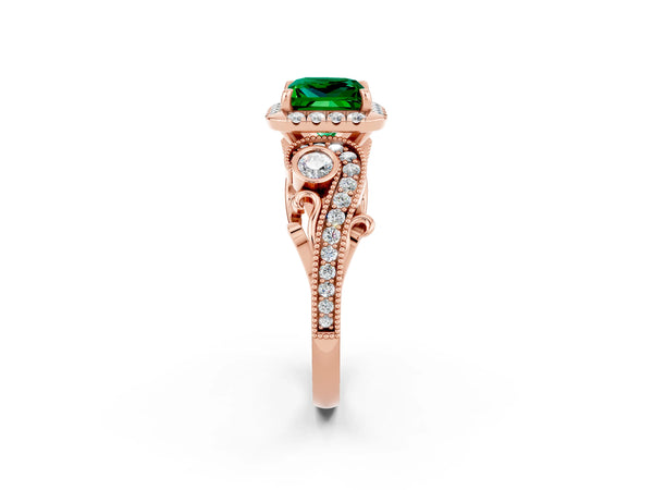 Rose gold Princess Cut Emerald Halo Ring with Milgrain Pavé Band and Four-Prong Setting