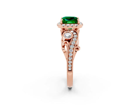 Rose gold Princess Cut Emerald Halo Ring with Milgrain Pavé Band and Four-Prong Setting_38