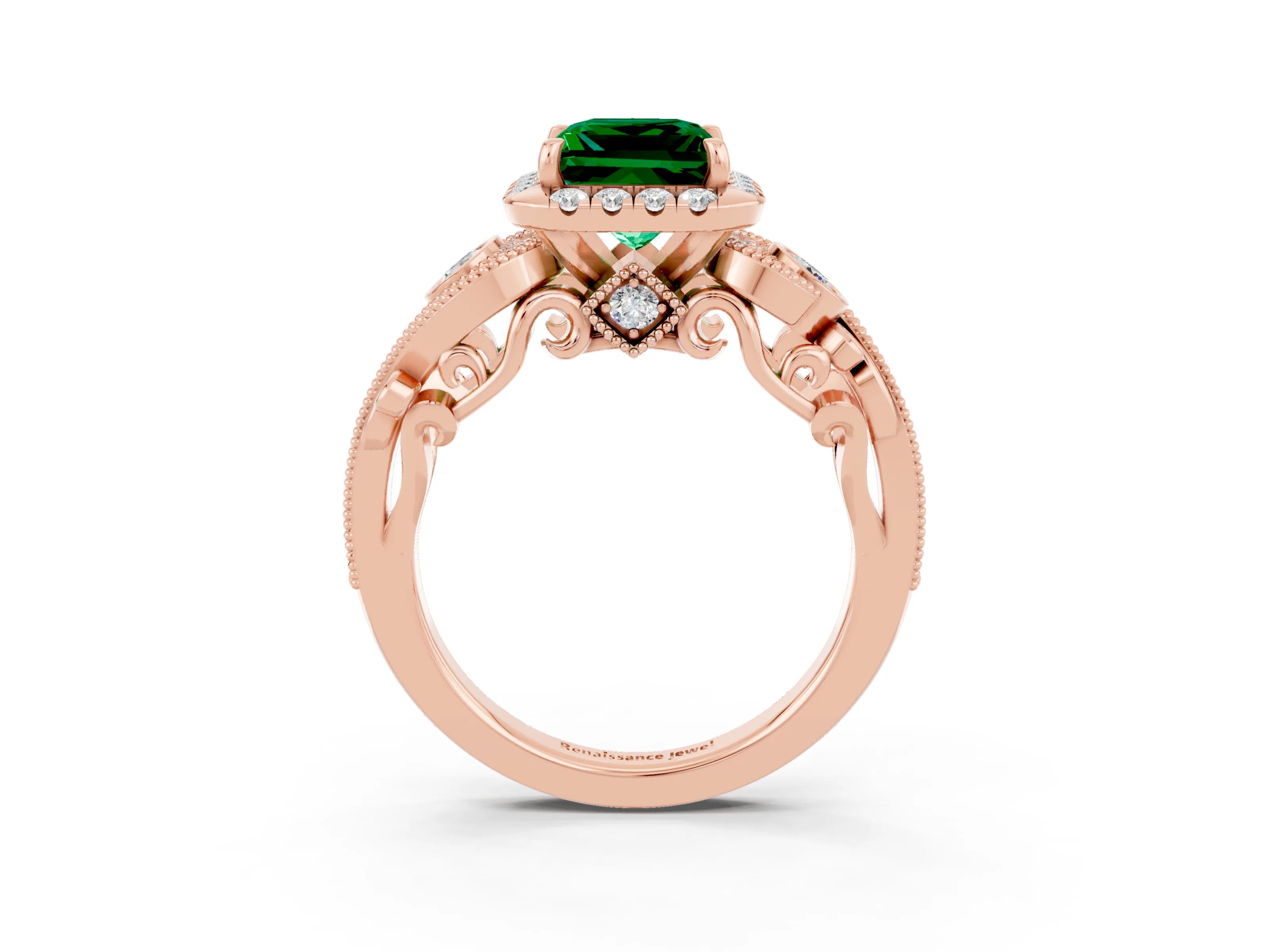 Rose gold Princess Cut Emerald Halo Ring with Milgrain Pavé Band and Four-Prong Setting_39