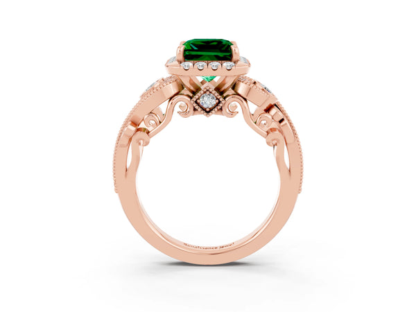 Rose gold Princess Cut Emerald Halo Ring with Milgrain Pavé Band and Four-Prong Setting