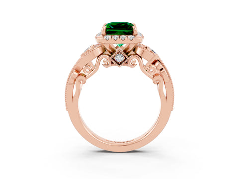 Rose gold Princess Cut Emerald Halo Ring with Milgrain Pavé Band and Four-Prong Setting_39