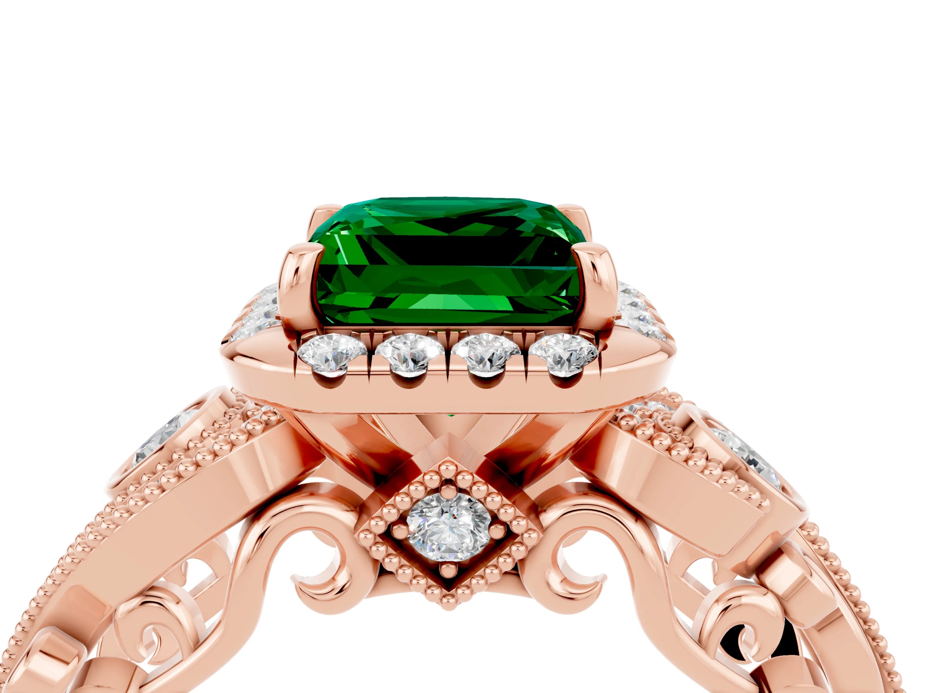 Rose gold Princess Cut Emerald Halo Ring with Milgrain Pavé Band and Four-Prong Setting_40