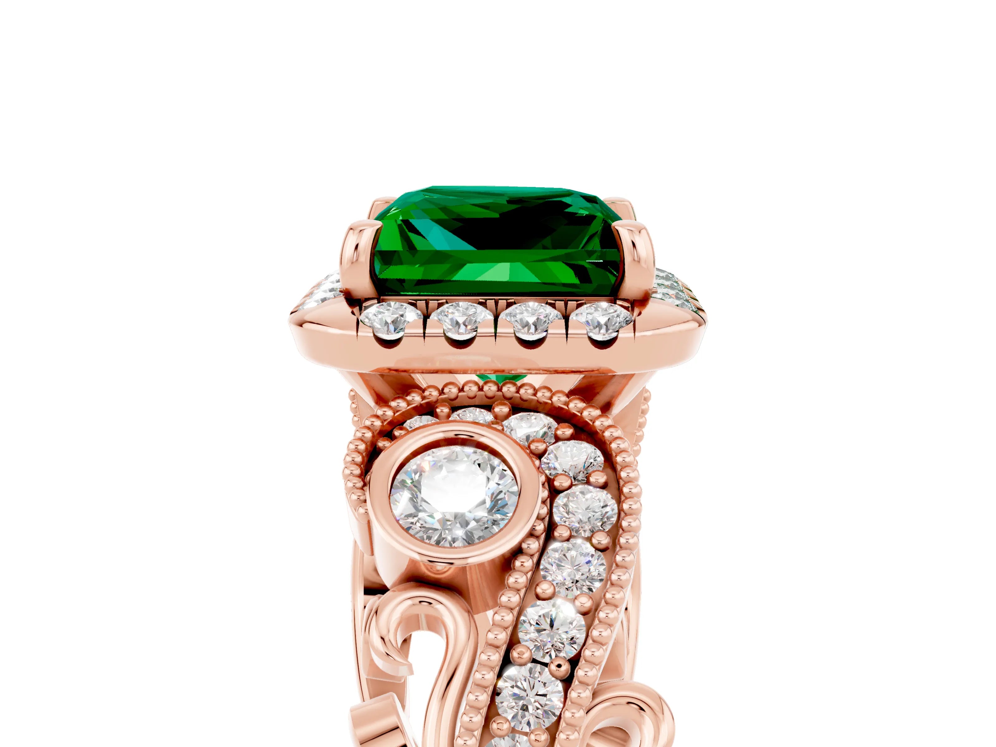 Rose gold Princess Cut Emerald Halo Ring with Milgrain Pavé Band and Four-Prong Setting_41