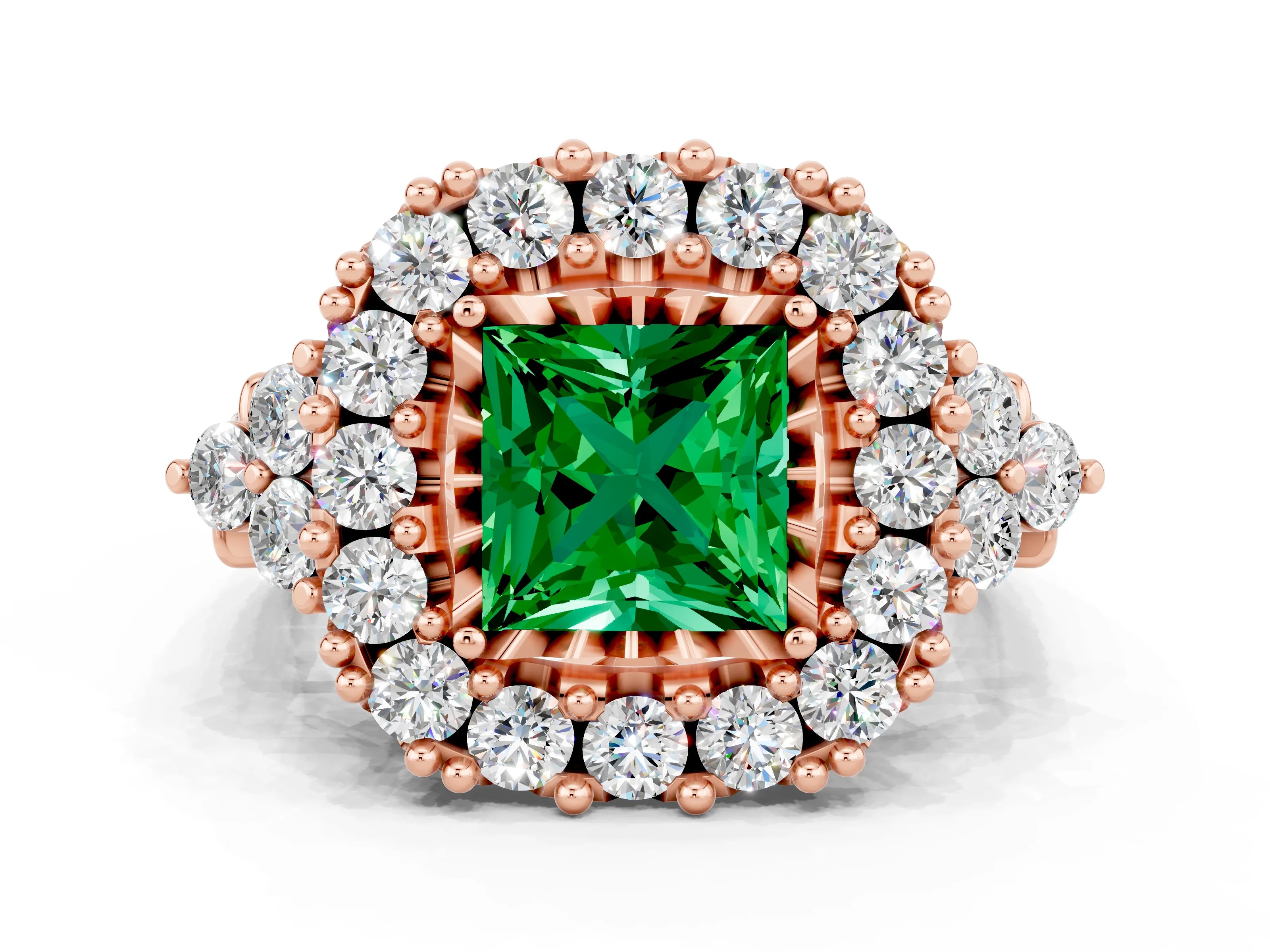 Rose gold Princess Cut Emerald Halo Ring with Pavé Band and Four-Prong Setting_12