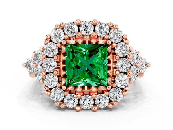 Rose gold Princess Cut Emerald Halo Ring with Pavé Band and Four-Prong Setting