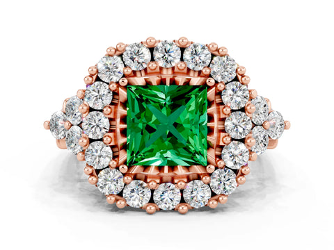 Rose gold Princess Cut Emerald Halo Ring with Pavé Band and Four-Prong Setting_12