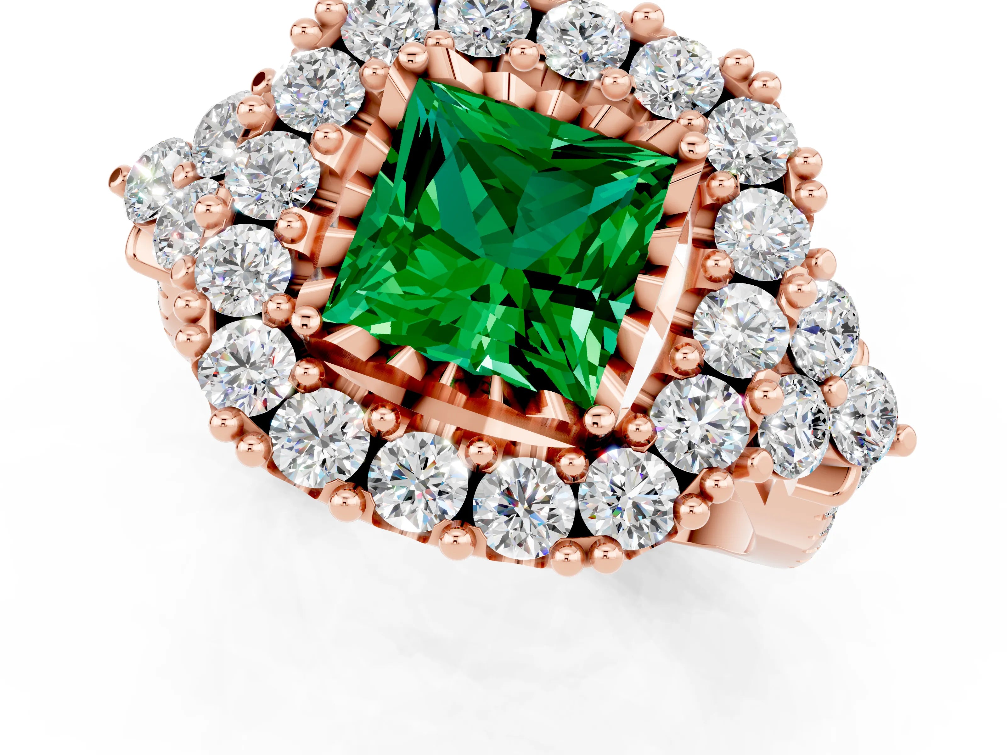 Rose gold Princess Cut Emerald Halo Ring with Pavé Band and Four-Prong Setting_13