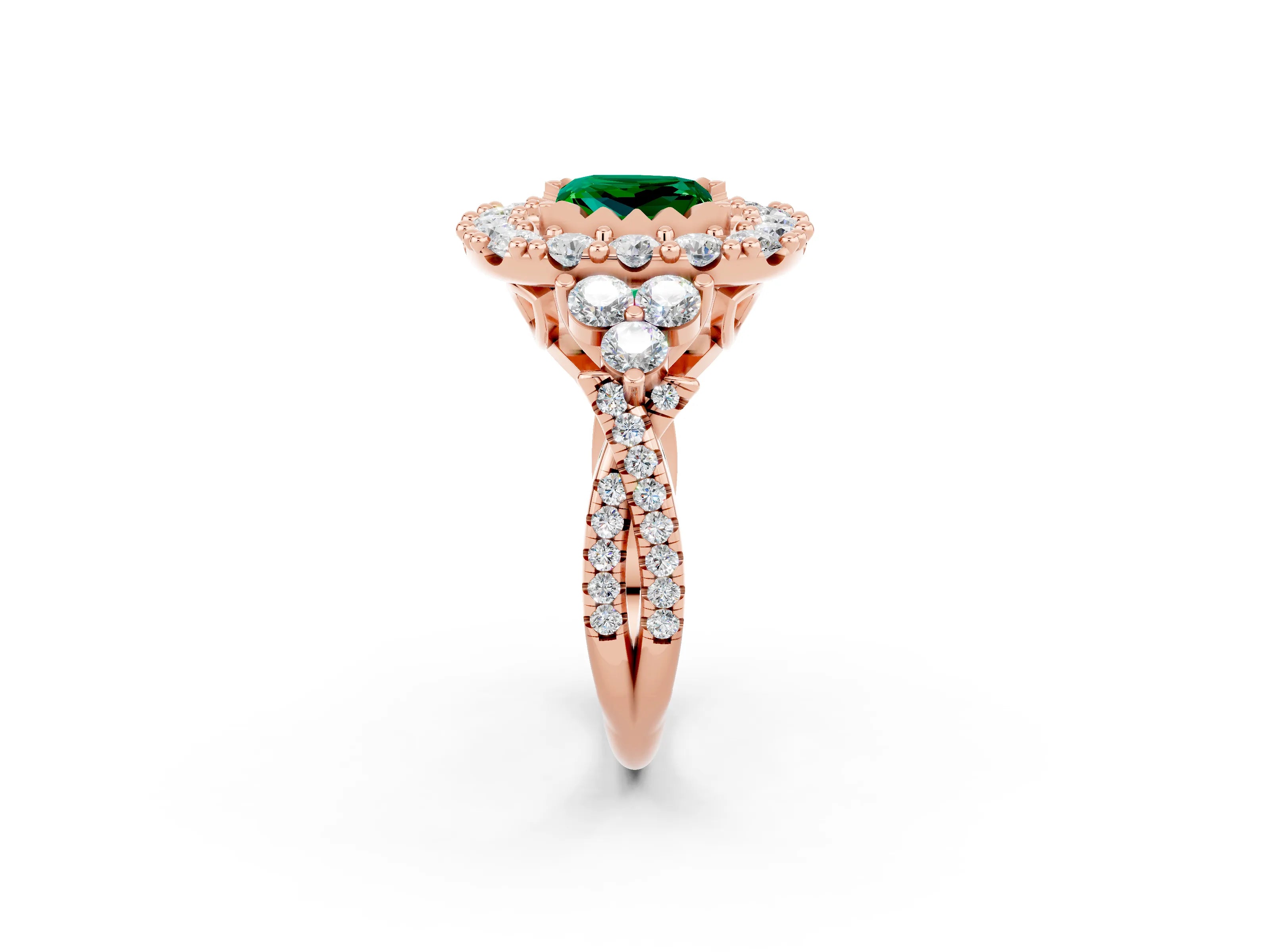 Rose gold Princess Cut Emerald Halo Ring with Pavé Band and Four-Prong Setting_14