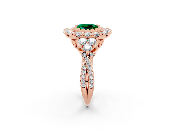 Rose gold Princess Cut Emerald Halo Ring with Pavé Band and Four-Prong Setting