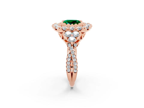 Rose gold Princess Cut Emerald Halo Ring with Pavé Band and Four-Prong Setting_14