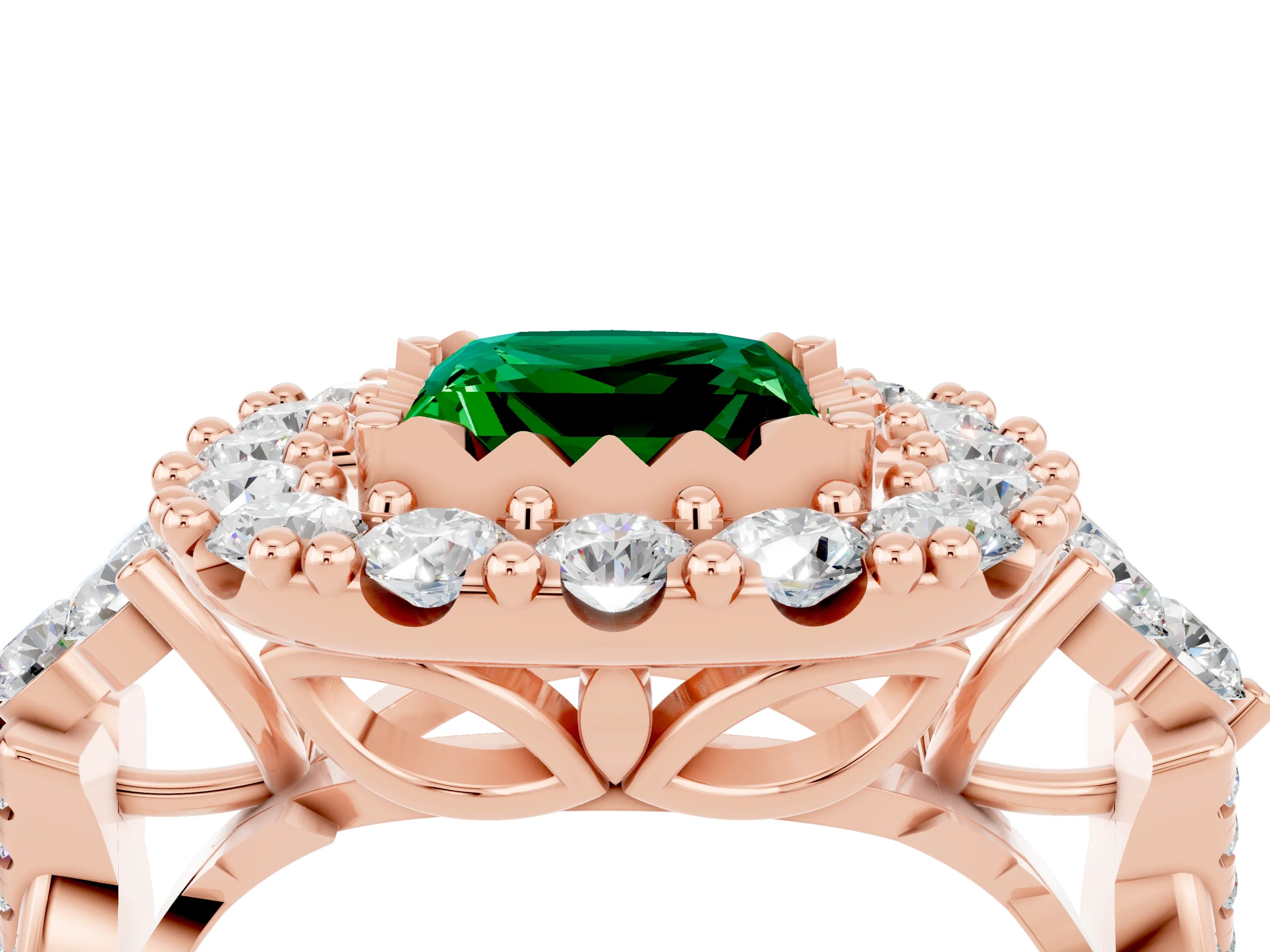 Rose gold Princess Cut Emerald Halo Ring with Pavé Band and Four-Prong Setting_16