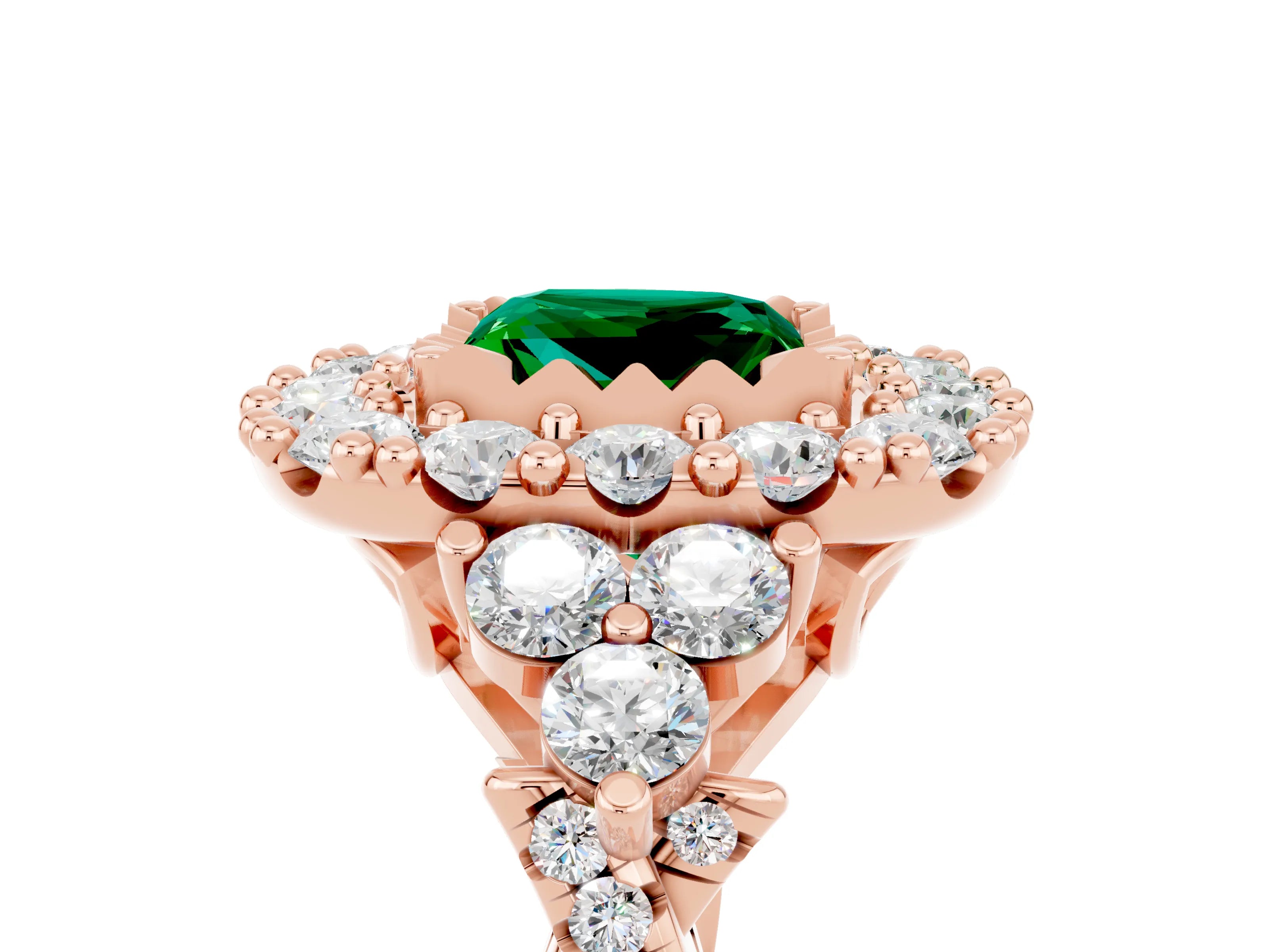 Rose gold Princess Cut Emerald Halo Ring with Pavé Band and Four-Prong Setting_17