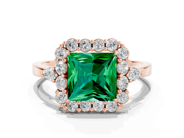 Rose gold Princess Cut Emerald Halo Ring with Pear Side Stones and Prong Setting
