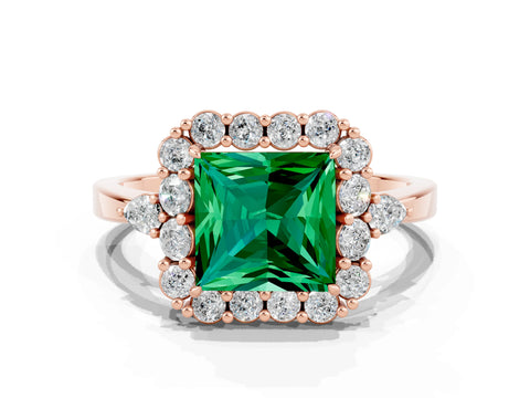 Rose gold Princess Cut Emerald Halo Ring with Pear Side Stones and Prong Setting_12
