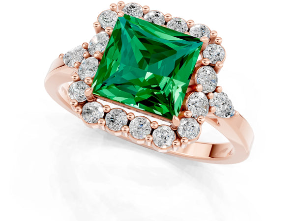 Rose gold Princess Cut Emerald Halo Ring with Pear Side Stones and Prong Setting