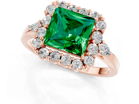 Rose gold Princess Cut Emerald Halo Ring with Pear Side Stones and Prong Setting_13