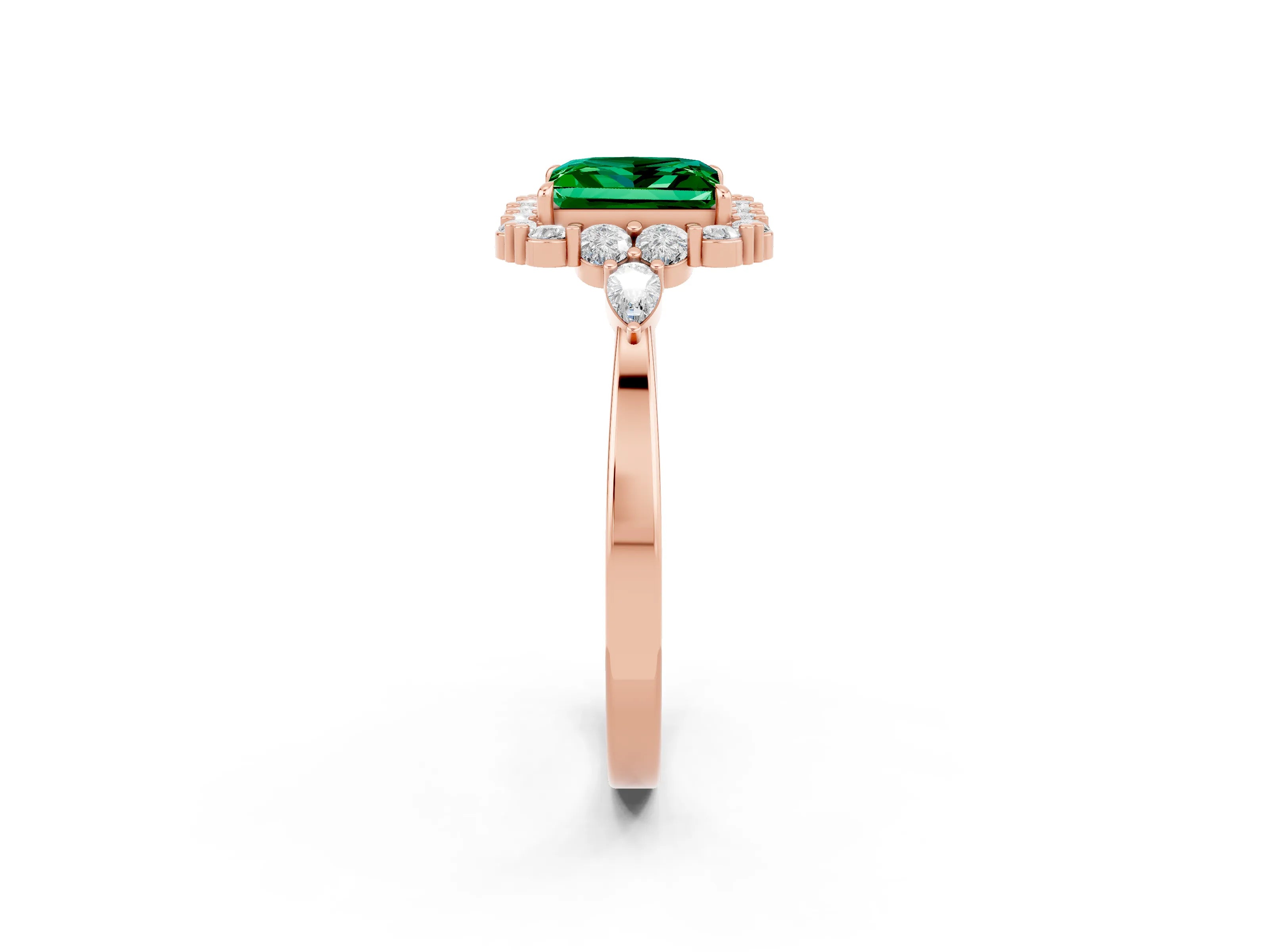 Rose gold Princess Cut Emerald Halo Ring with Pear Side Stones and Prong Setting_14