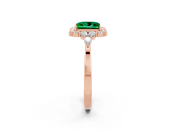 Rose gold Princess Cut Emerald Halo Ring with Pear Side Stones and Prong Setting