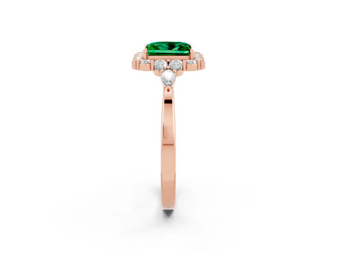 Rose gold Princess Cut Emerald Halo Ring with Pear Side Stones and Prong Setting_14