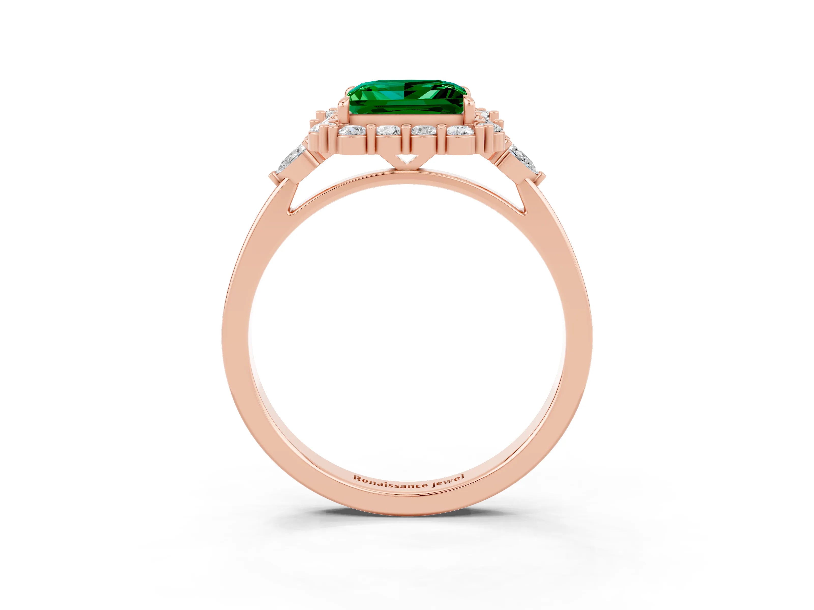 Rose gold Princess Cut Emerald Halo Ring with Pear Side Stones and Prong Setting_15