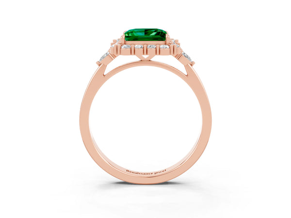 Rose gold Princess Cut Emerald Halo Ring with Pear Side Stones and Prong Setting