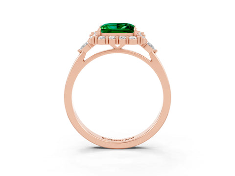 Rose gold Princess Cut Emerald Halo Ring with Pear Side Stones and Prong Setting_15