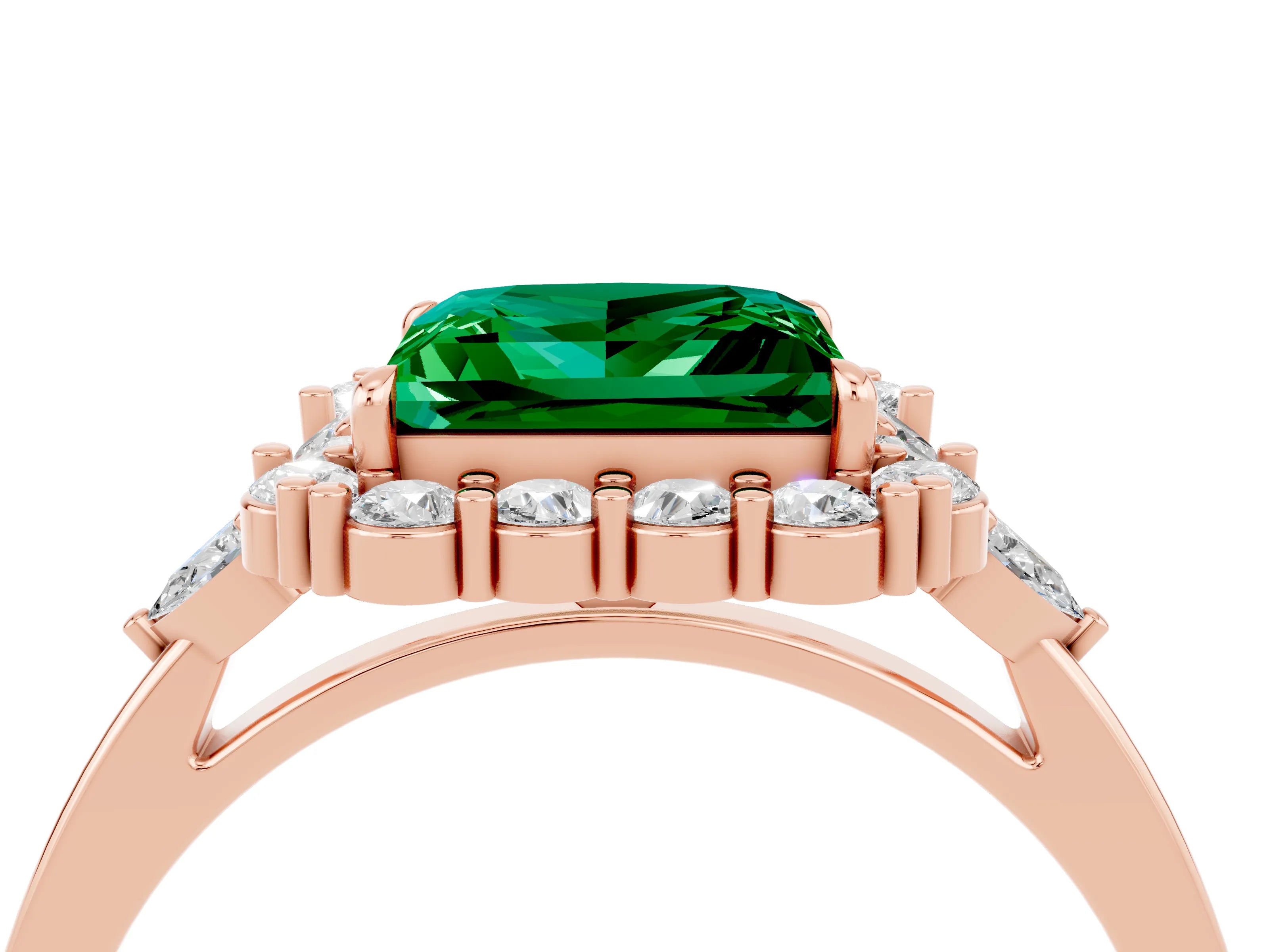 Rose gold Princess Cut Emerald Halo Ring with Pear Side Stones and Prong Setting_16
