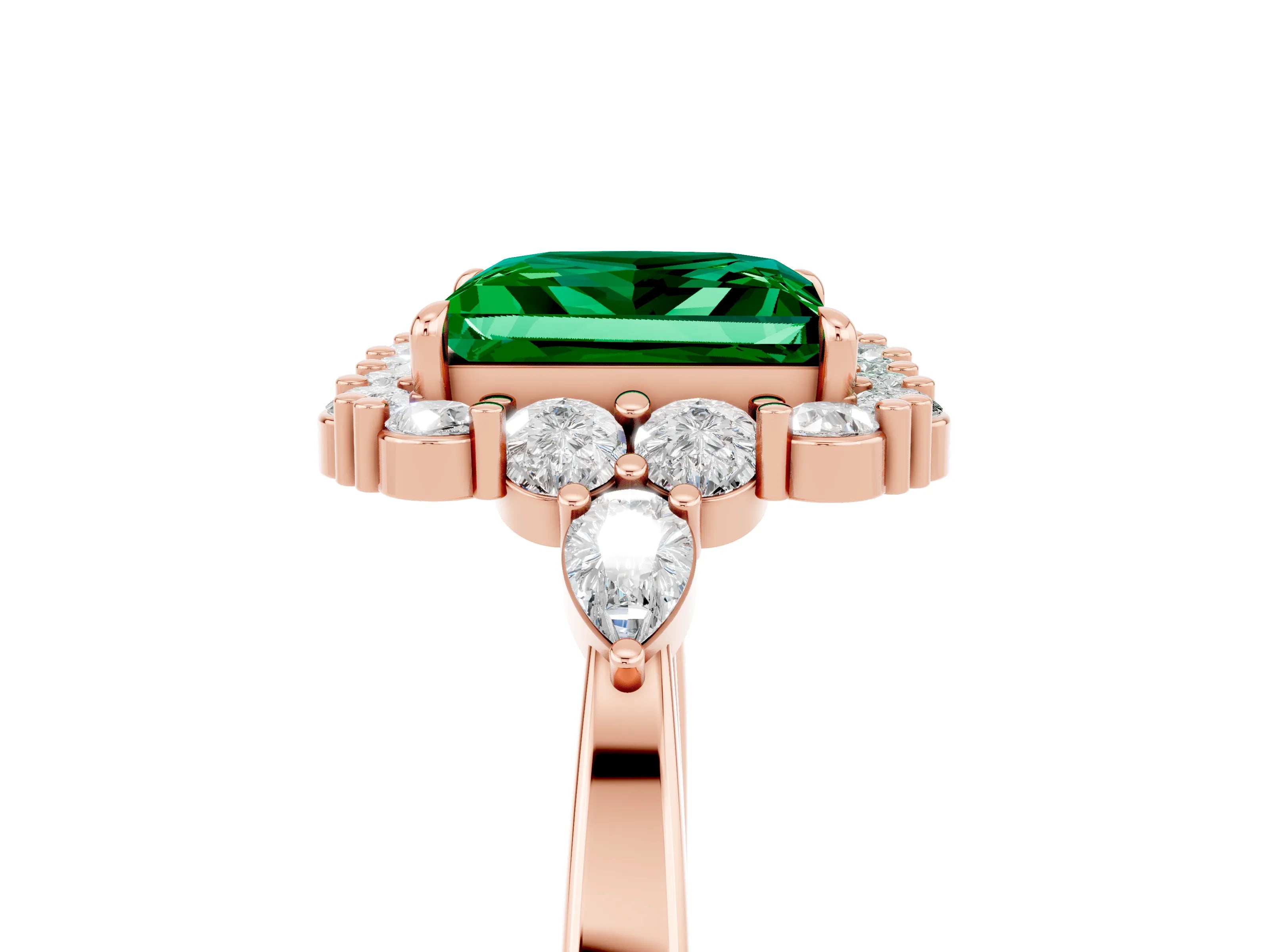 Rose gold Princess Cut Emerald Halo Ring with Pear Side Stones and Prong Setting_17
