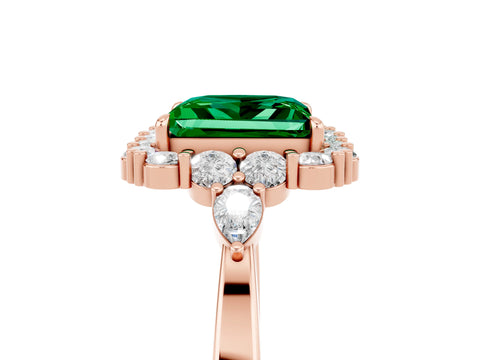 Rose gold Princess Cut Emerald Halo Ring with Pear Side Stones and Prong Setting_17