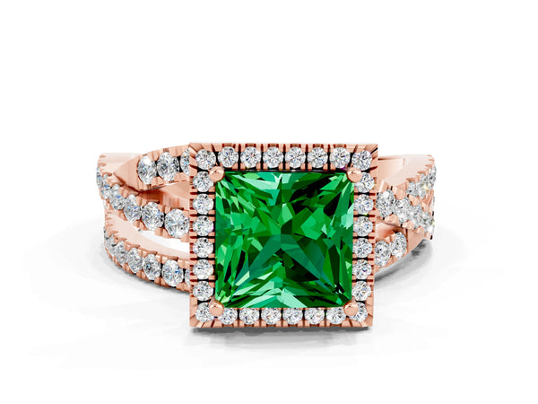 Rose gold Princess Cut Emerald Halo Ring with Round Split Shank and Prong Setting