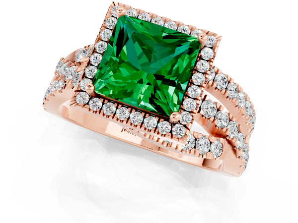 Rose gold Princess Cut Emerald Halo Ring with Round Split Shank and Prong Setting