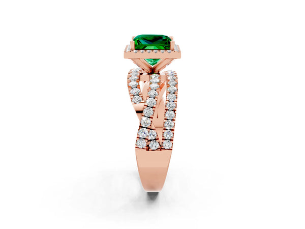 Rose gold Princess Cut Emerald Halo Ring with Round Split Shank and Prong Setting