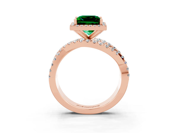 Rose gold Princess Cut Emerald Halo Ring with Round Split Shank and Prong Setting