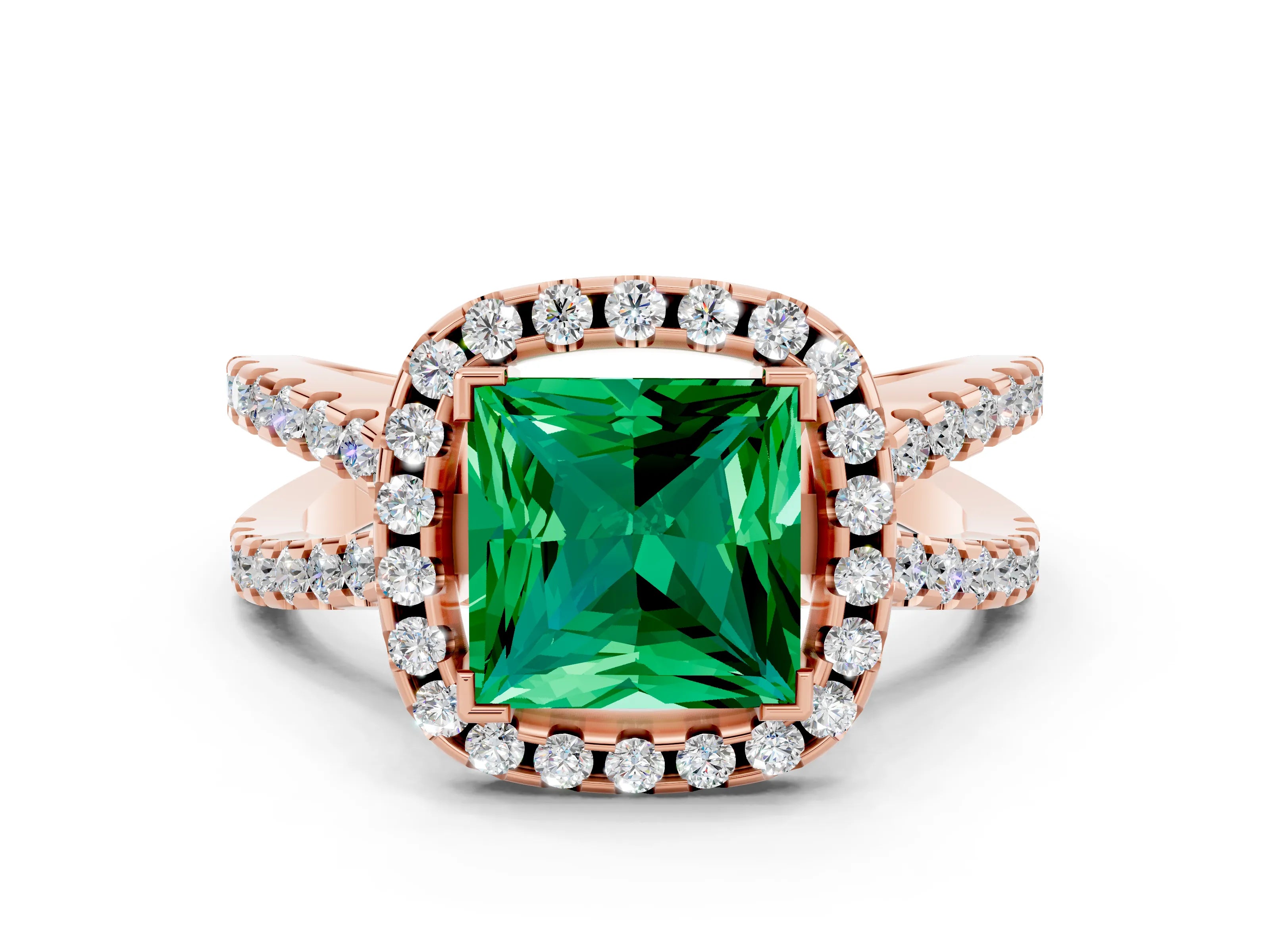 Rose gold Princess Cut Emerald Halo Ring with Split Shank Pavé Band and Prong Setting