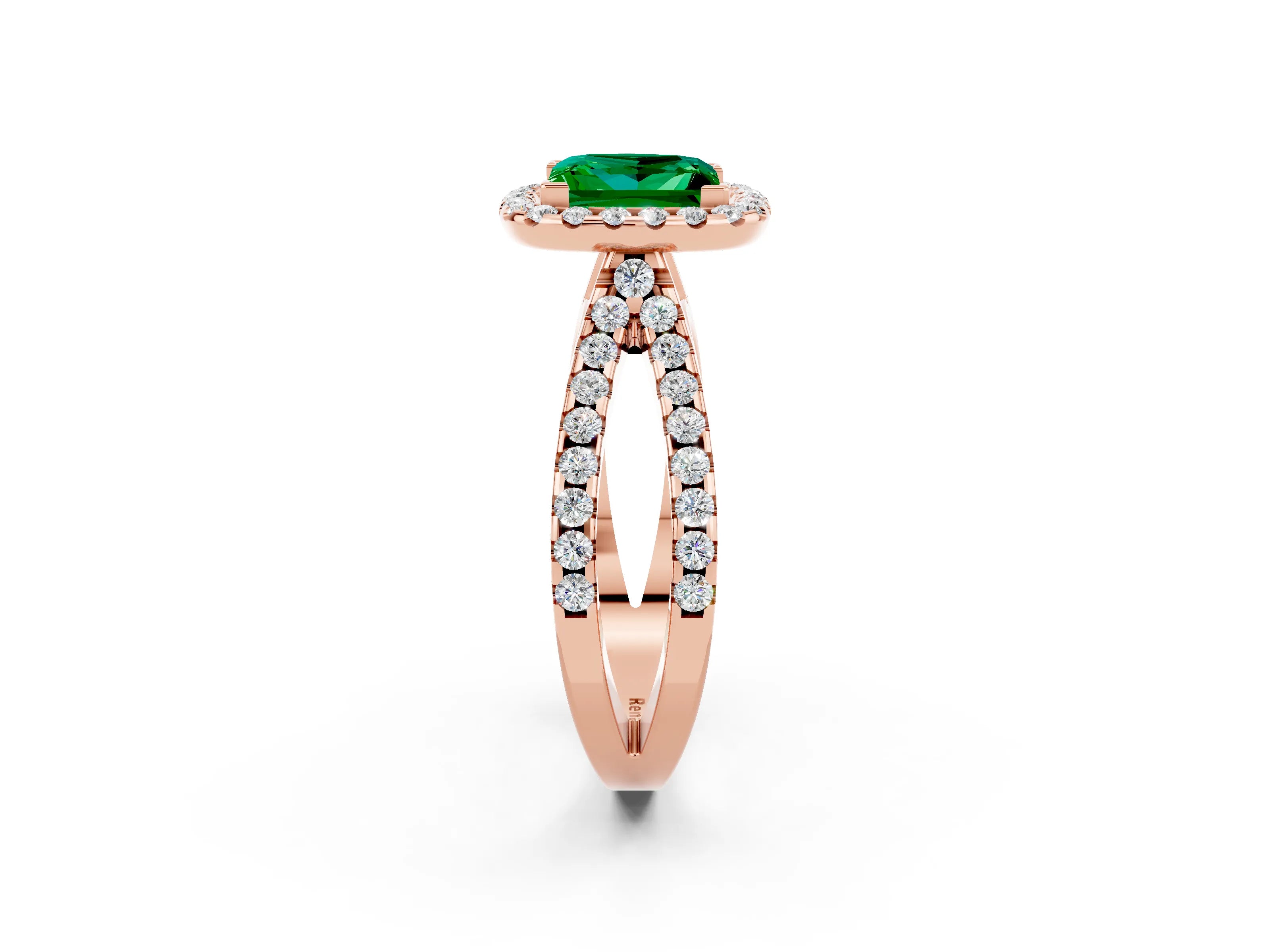 Rose gold Princess Cut Emerald Halo Ring with Split Shank Pavé Band and Prong Setting_2