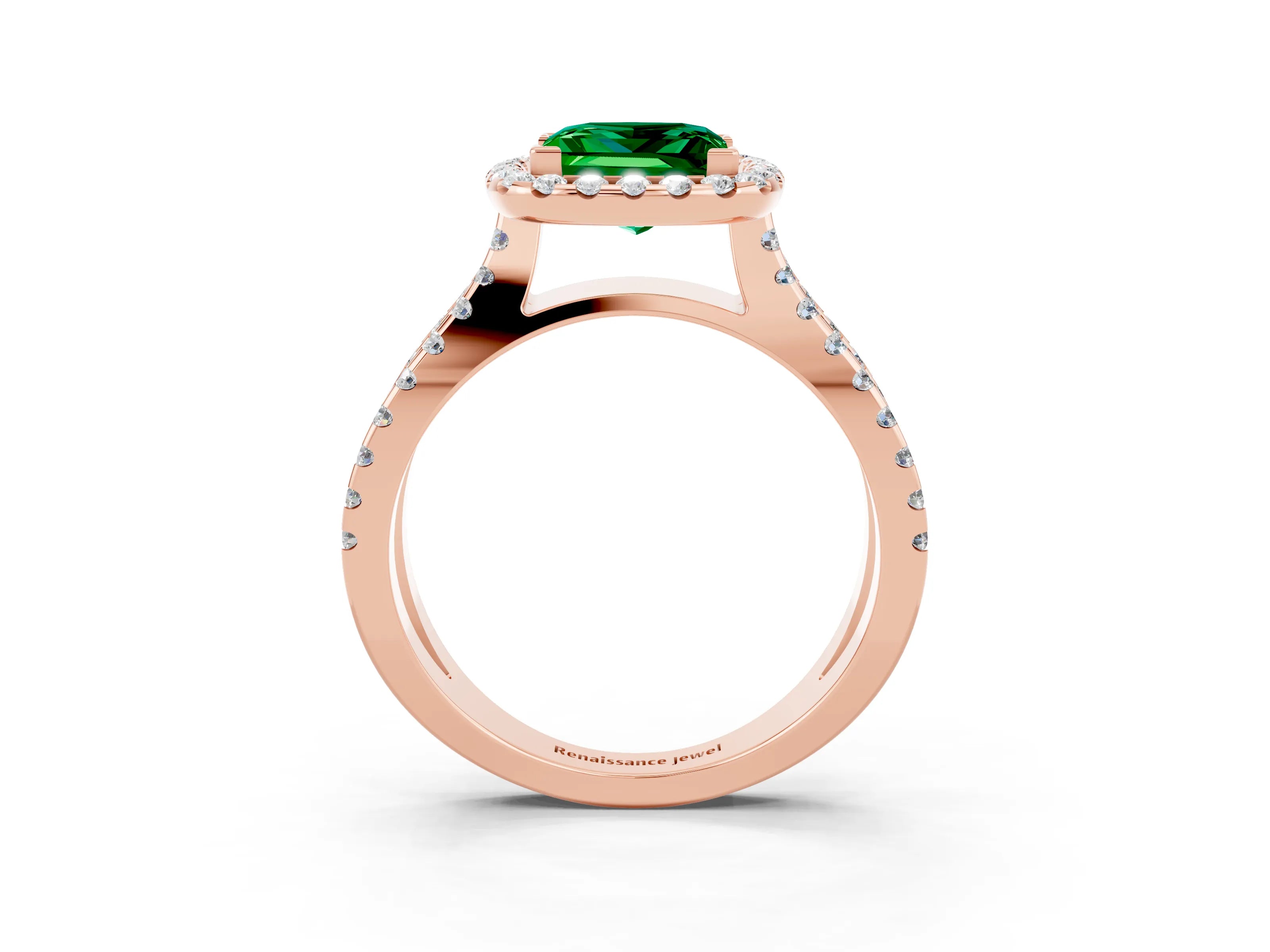 Rose gold Princess Cut Emerald Halo Ring with Split Shank Pavé Band and Prong Setting_3