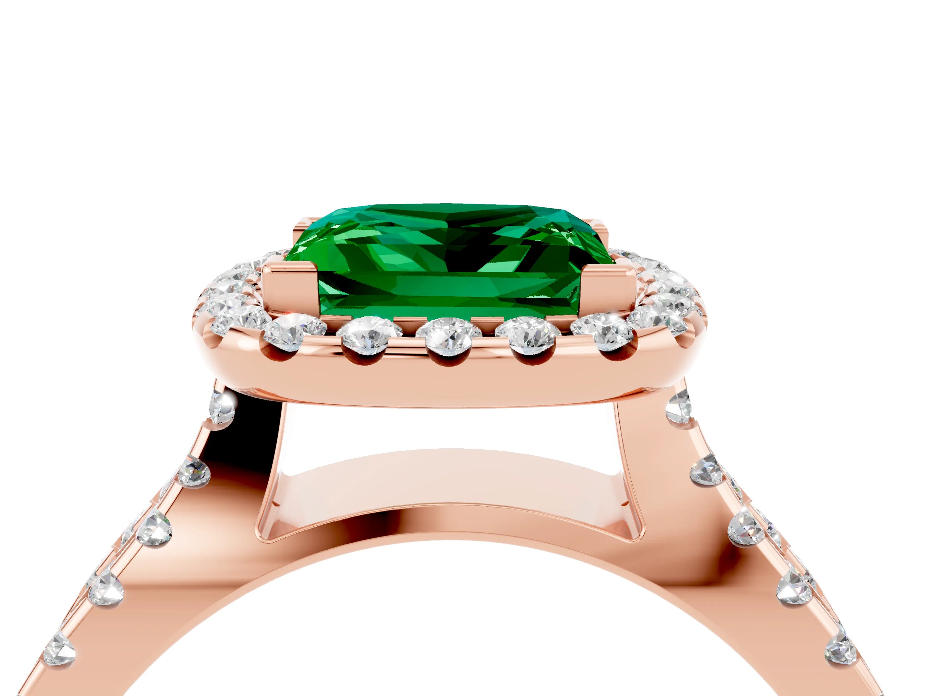 Rose gold Princess Cut Emerald Halo Ring with Split Shank Pavé Band and Prong Setting_4