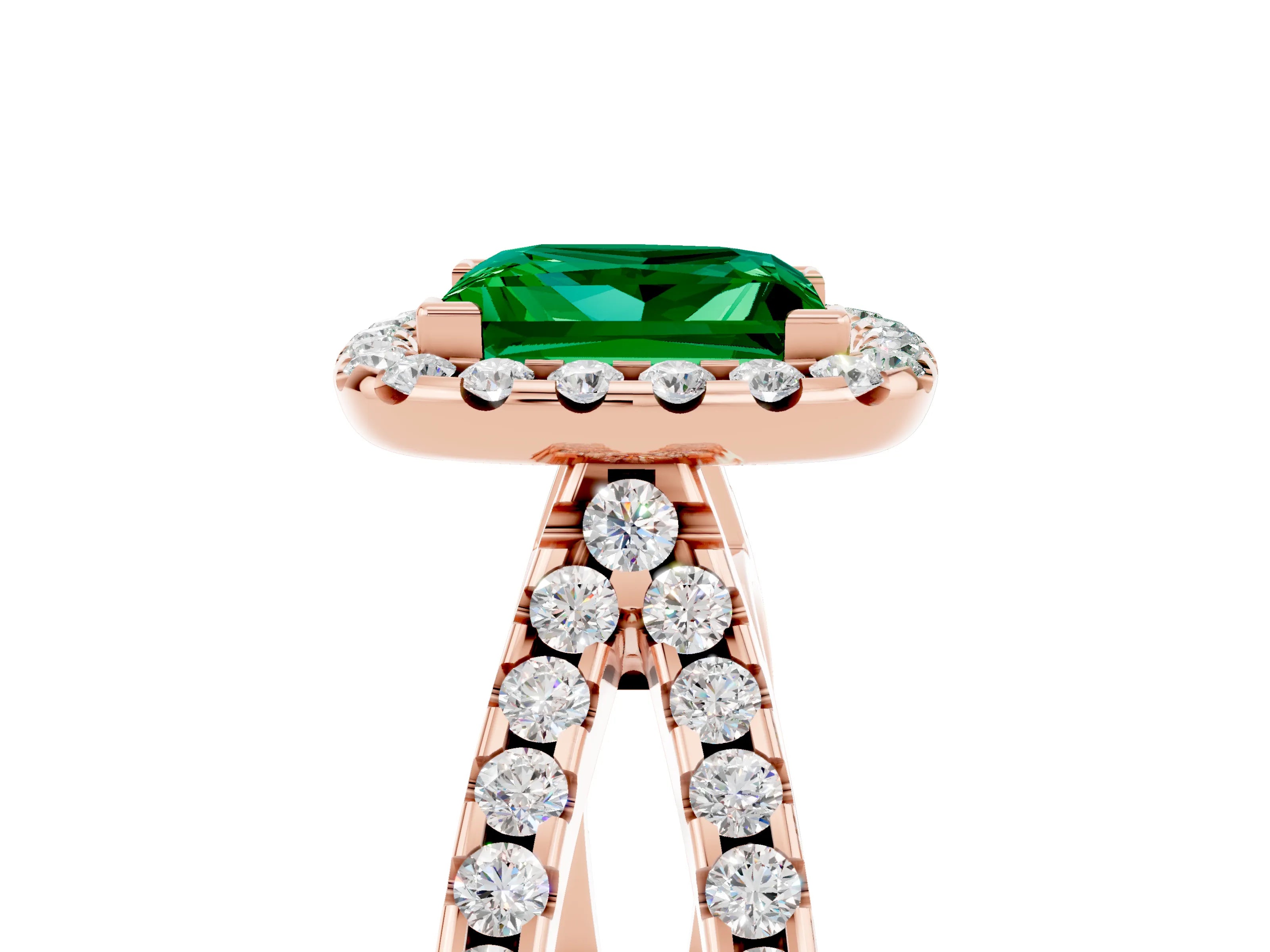 Rose gold Princess Cut Emerald Halo Ring with Split Shank Pavé Band and Prong Setting_5