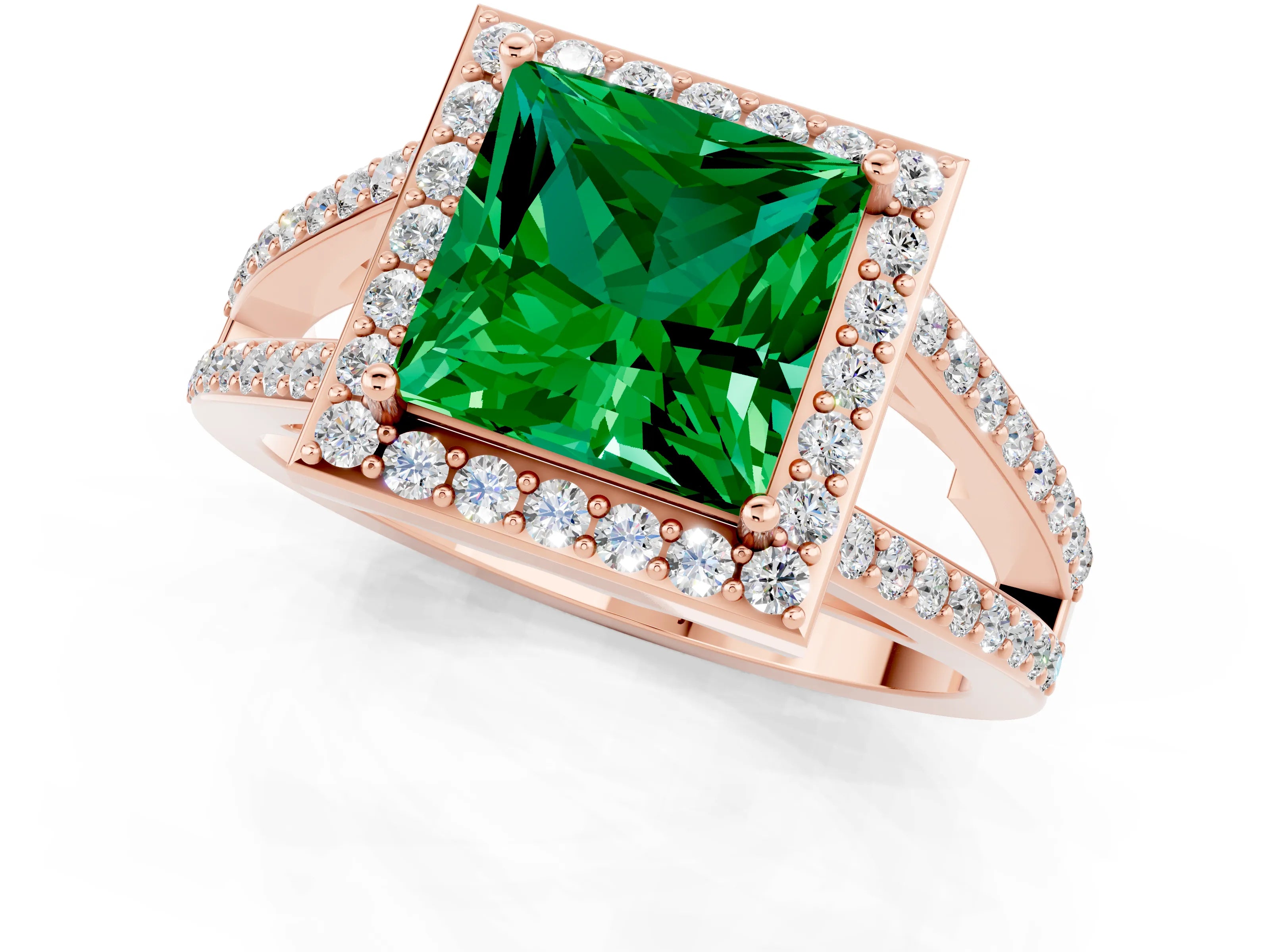 Rose gold Princess Cut Emerald Halo Ring with Split Shank U-Prong Band and Four-Prong Setting_1