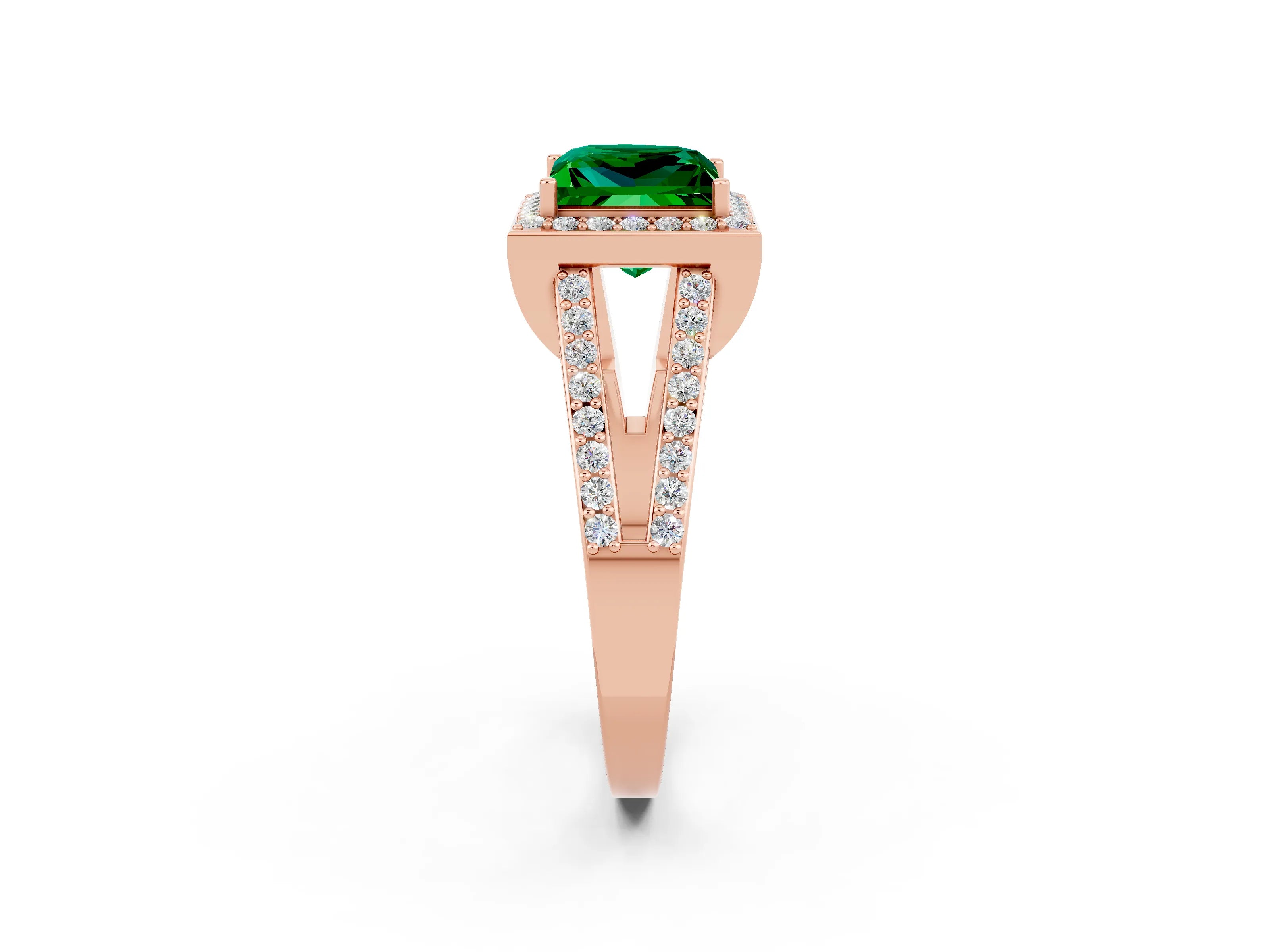 Rose gold Princess Cut Emerald Halo Ring with Split Shank U-Prong Band and Four-Prong Setting_2