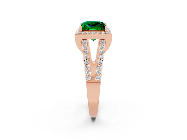 Rose gold Princess Cut Emerald Halo Ring with Split Shank U-Prong Band and Four-Prong Setting