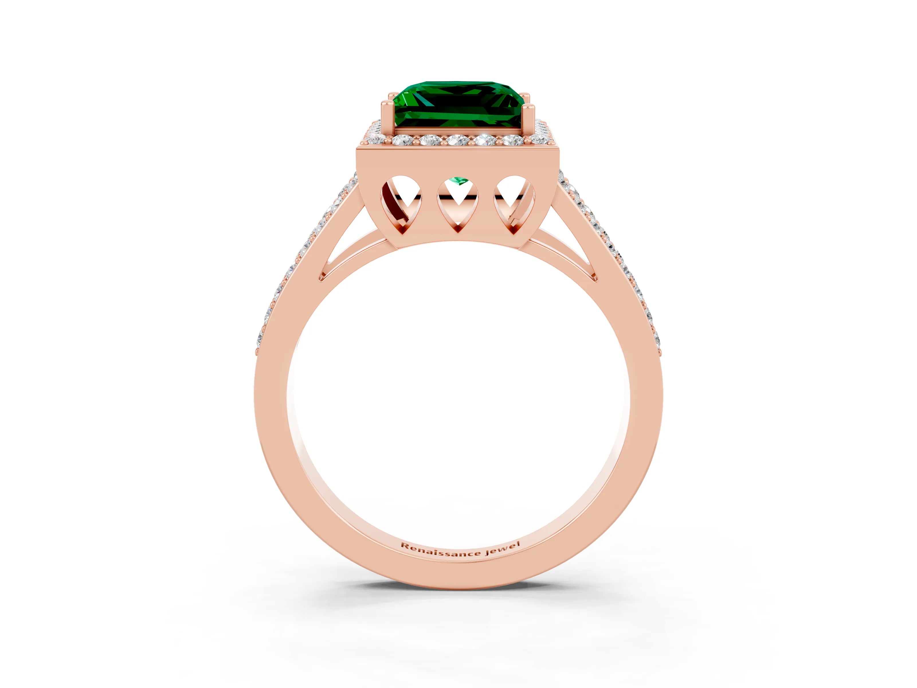 Rose gold Princess Cut Emerald Halo Ring with Split Shank U-Prong Band and Four-Prong Setting_3