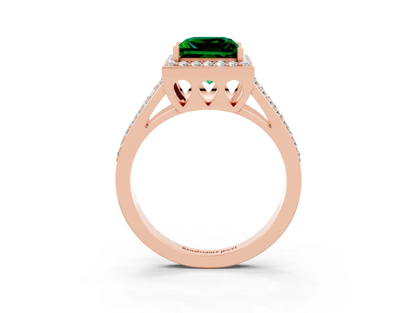 Rose gold Princess Cut Emerald Halo Ring with Split Shank U-Prong Band and Four-Prong Setting
