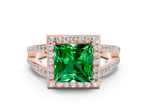 Rose gold Princess Cut Emerald Halo Ring with Split Shank U-Prong Band and Four-Prong Setting