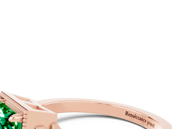 Rose gold Princess Cut Emerald Halo Ring with Tapered Band and Four-Prong Setting