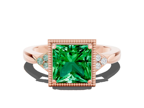 Rose gold Princess Cut Emerald Halo Ring with Tapered Band and Four-Prong Setting